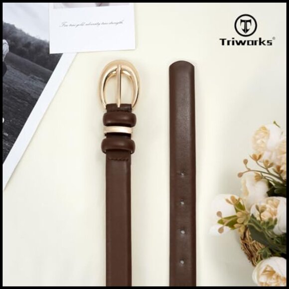 Women\'s Faux Leather Skinny Belt with Gold Buckle 2-Pack